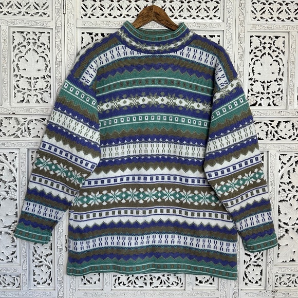 Vintage Blue & Green Nordic Fair Isle Mockneck Grannycore Sweater Sz Medium - Picture 1 of 8